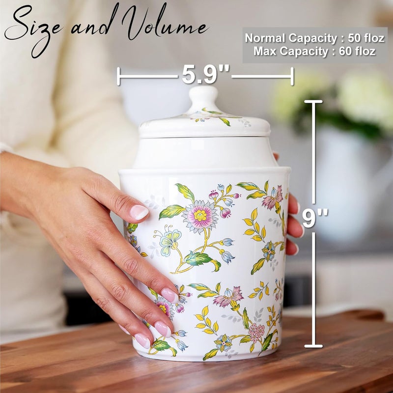 25DOL 60 Ounce Kitchen Ceramic Canister with Lid - Large Air Tight Coffee Grounds Container with Elegant Floral Pattern - Great Airtight Flour Jar, Tea Canister & Cute Cookie Jar - Image 3