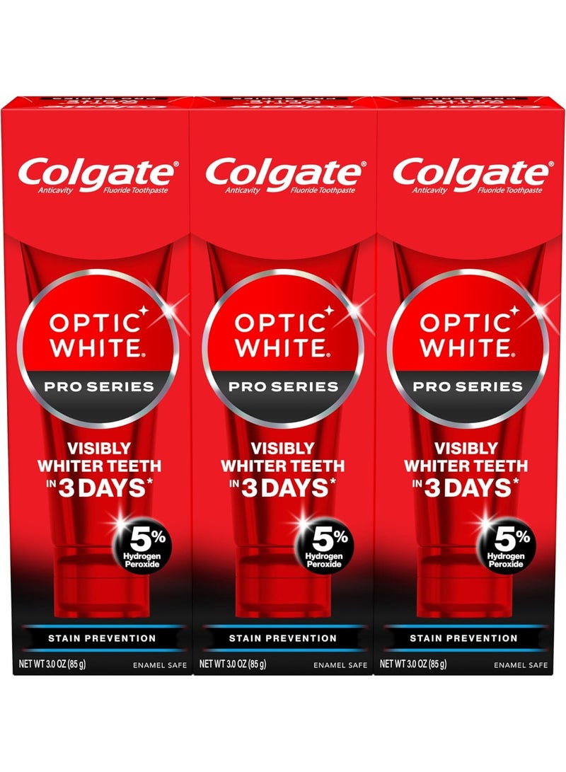 Colgate Optic White Pro Series Stain Prevention Hydrogen Peroxide Toothpaste, Teeth Whitening Toothpaste, Effectively Removes Tea, Coffee, and Wine Stains, Enamel-Safe for Daily Use, 3 Pack, 3.0 oz