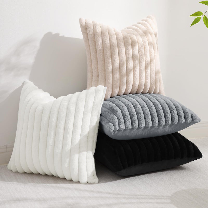 decorUhome Cozy Faux Fur Spring Throw Pillow Covers 20x20 Set of 2 Decorative Soft Plush Striped Modern Farmhouse Boho Couch Pillow Cases with Velvet Back for Sofa Bed Living Room, Black - Image 5