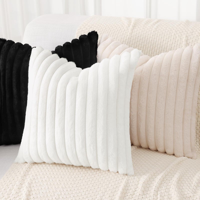 decorUhome Cozy Faux Fur Spring Throw Pillow Covers 20x20 Set of 2 Decorative Soft Plush Striped Modern Farmhouse Boho Couch Pillow Cases with Velvet Back for Sofa Bed Living Room, Black - Image 4