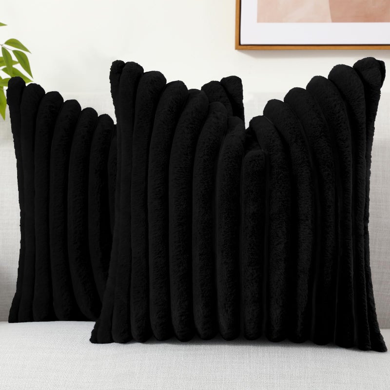 decorUhome Cozy Faux Fur Spring Throw Pillow Covers 20x20 Set of 2 Decorative Soft Plush Striped Modern Farmhouse Boho Couch Pillow Cases with Velvet Back for Sofa Bed Living Room, Black - Image 1