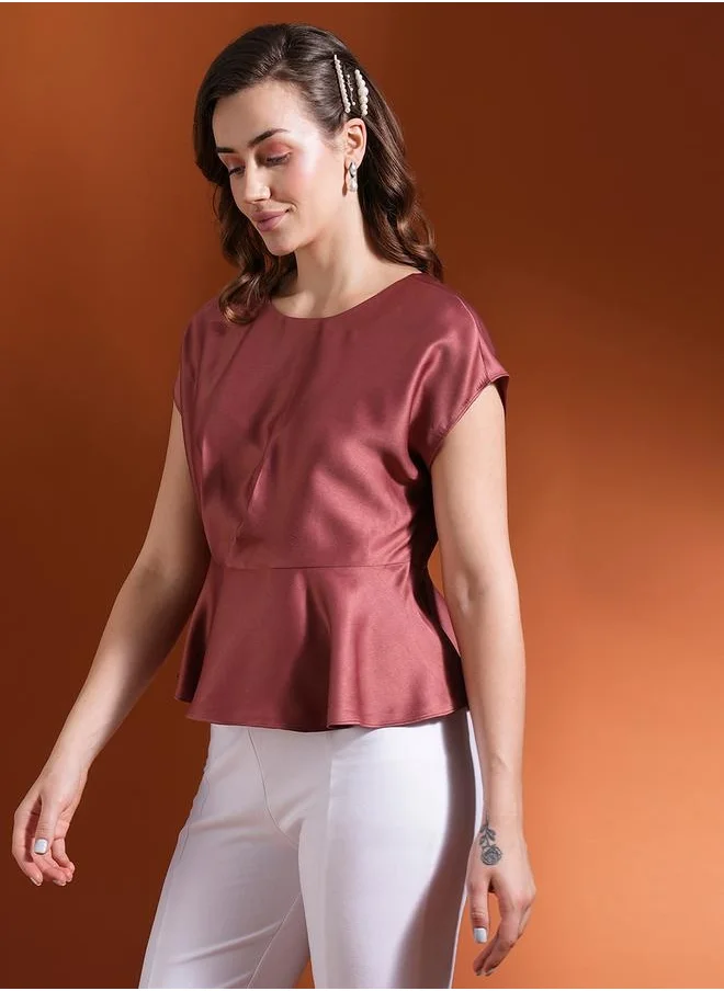 جلو باص Solid Satin Extended Sleeves Round Neck Top by Styli