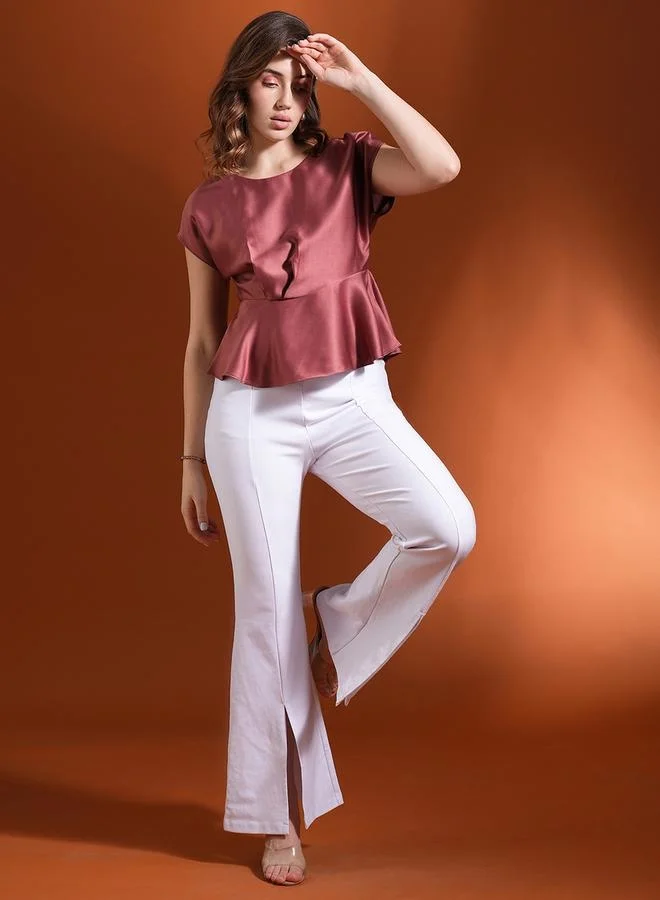 globus Globus Solid Satin Extended Sleeves Round Neck Top