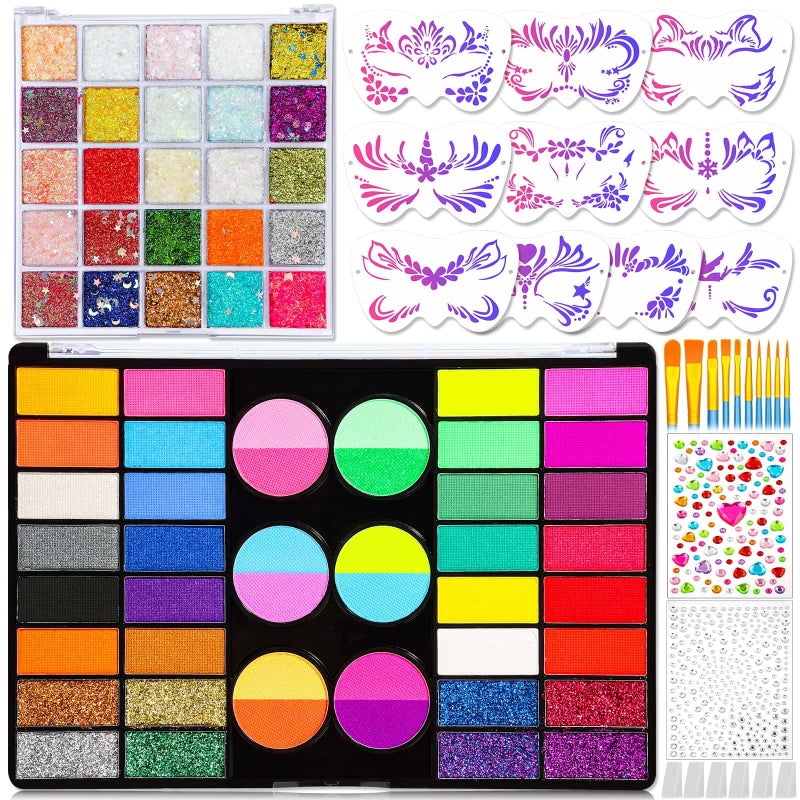Thrilez Professional 69 Colors Face Painting Kit for Kids - Washable Skin Watercolor Non-Toxic Body Paint Face Glitter Makeup Palette with Stencils, Gems, Brushes- for Kids Party Cosplay Halloween FX - Image 1