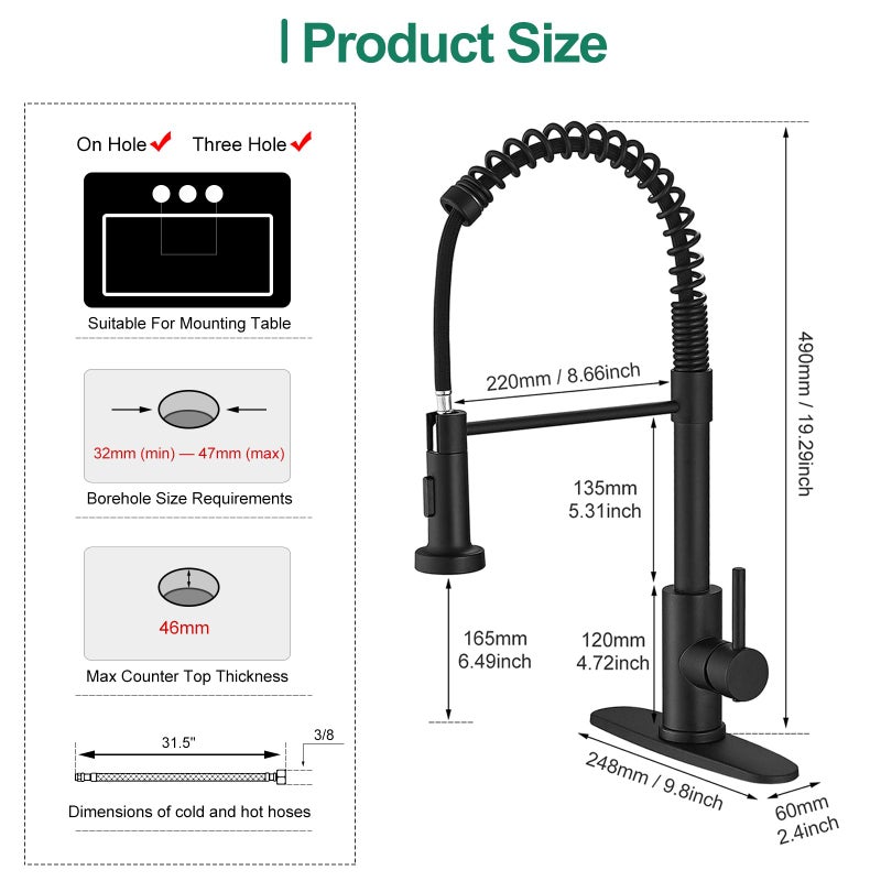VOTON Black Kitchen Faucet with Pull Down Sprayer Pull Out Kitchen Sink Faucet Stainless Steel Commercial Spring Farmhouse faucets for Kichen Sink Camper Laundry Utility Rv Bar Sink Faucet - Image 5