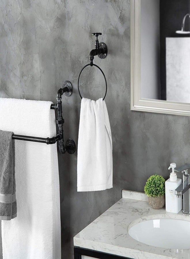 MyGift Industrial Faucet Pipe Metal Black Towel Ring, Wall Mounted Hand Towel Holder Hanging Rack - Image 2