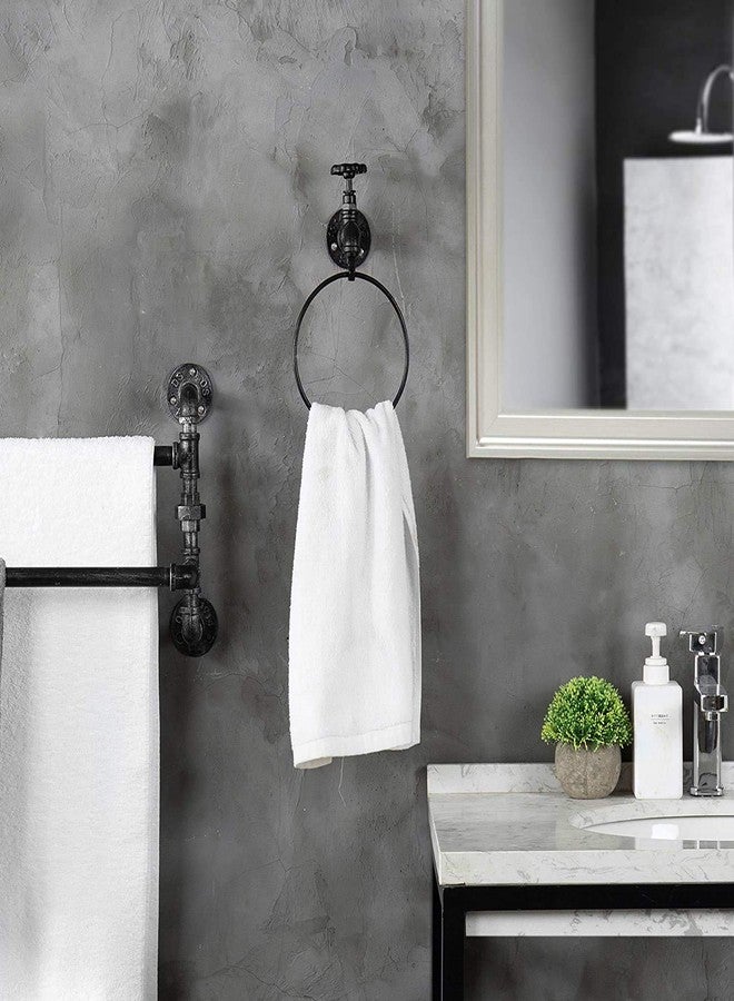 MyGift Industrial Faucet Pipe Metal Black Towel Ring, Wall Mounted Hand Towel Holder Hanging Rack - Image 3