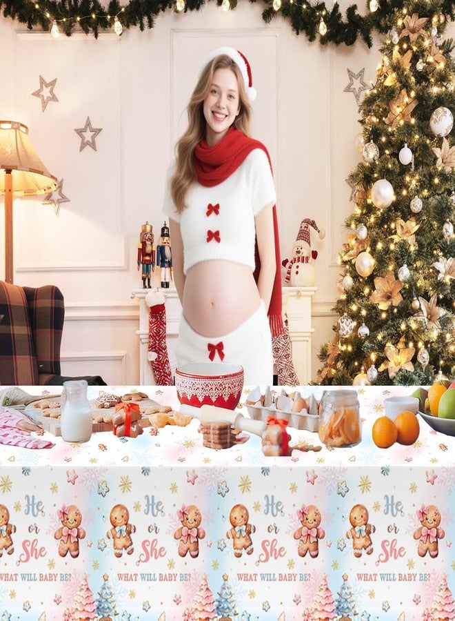 MEHOFOND 3 Pcs Gingerbread Gender Reveal Tablecloth Party Decorations He or She What Will Baby Be Gingerbread Table Cover Winter Christmas Cookie Disposable Plastic for Winter Party Supplies - Image 2