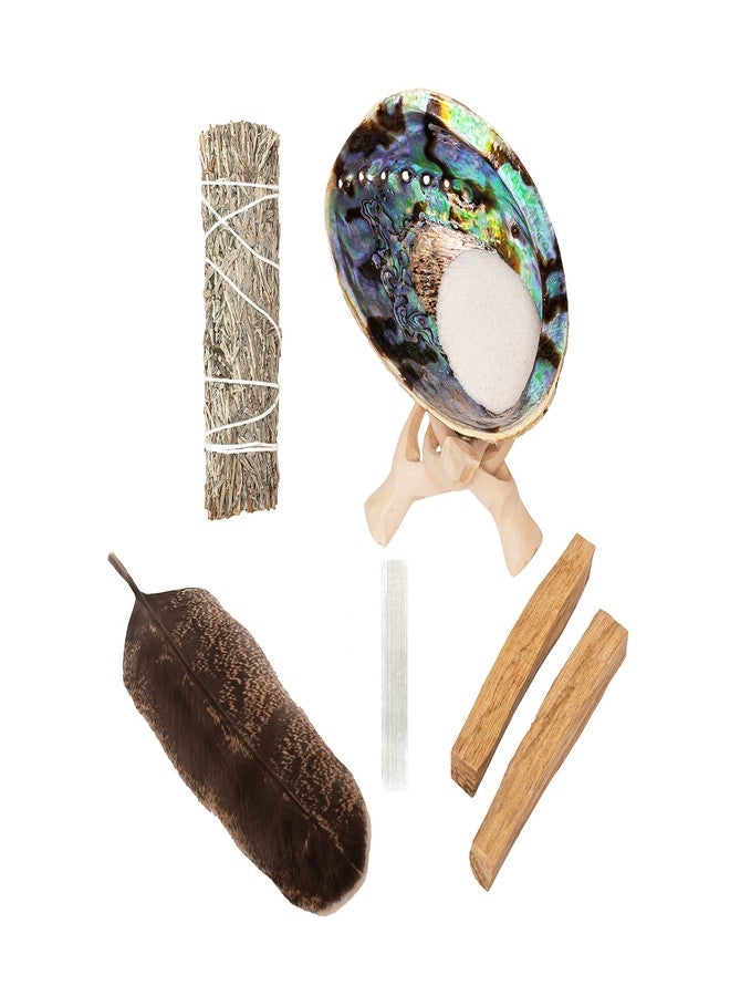 Sarimoire Sage Kit - Blue Sage Smudge Stick ~ Abalone Shell for Smudging ~ Palo Santo Sticks ~ 2 inchTripod Stand ~ 8 inch Feather and White Sand - Image 4