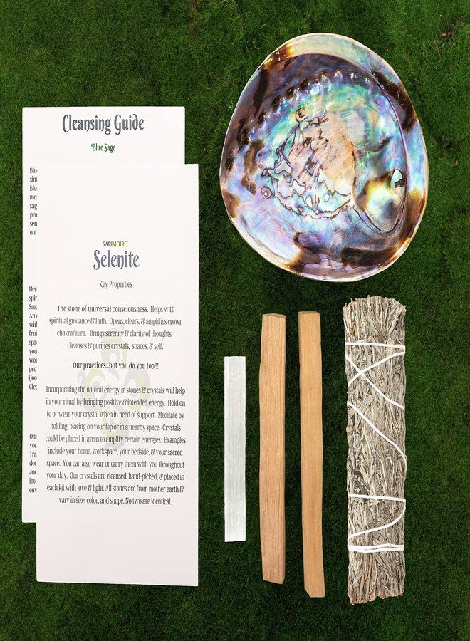Sarimoire Sage Kit - Blue Sage Smudge Stick ~ Abalone Shell for Smudging ~ Palo Santo Sticks ~ 2 inchTripod Stand ~ 8 inch Feather and White Sand - Image 2