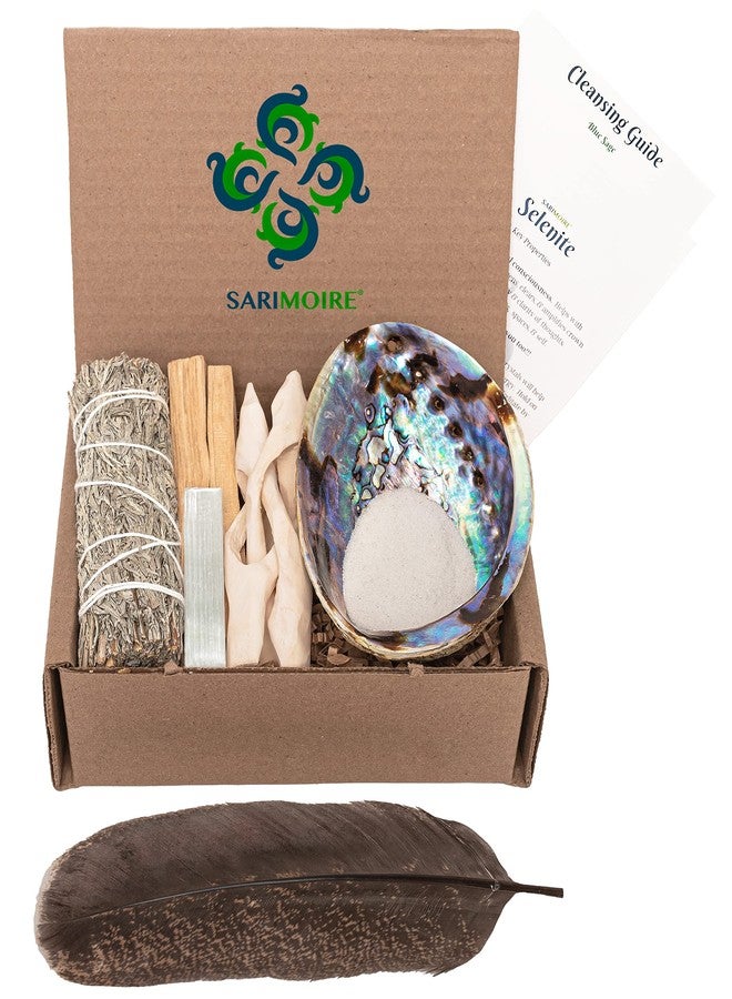 Sarimoire Sage Kit - Blue Sage Smudge Stick ~ Abalone Shell for Smudging ~ Palo Santo Sticks ~ 2 inchTripod Stand ~ 8 inch Feather and White Sand - Image 1