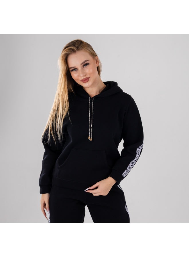 zecotex  Women's 2-Piece Winter Tracksuit - Black Cotton Fleece Hoodie with Zip - Side Stripes - Image 3