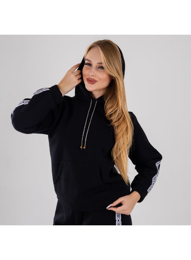 zecotex  Women's 2-Piece Winter Tracksuit - Black Cotton Fleece Hoodie with Zip - Side Stripes - Image 2