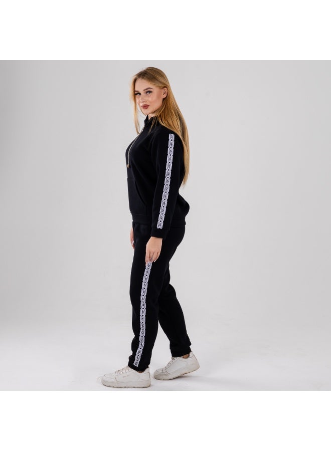 zecotex  Women's 2-Piece Winter Tracksuit - Black Cotton Fleece Hoodie with Zip - Side Stripes - Image 5