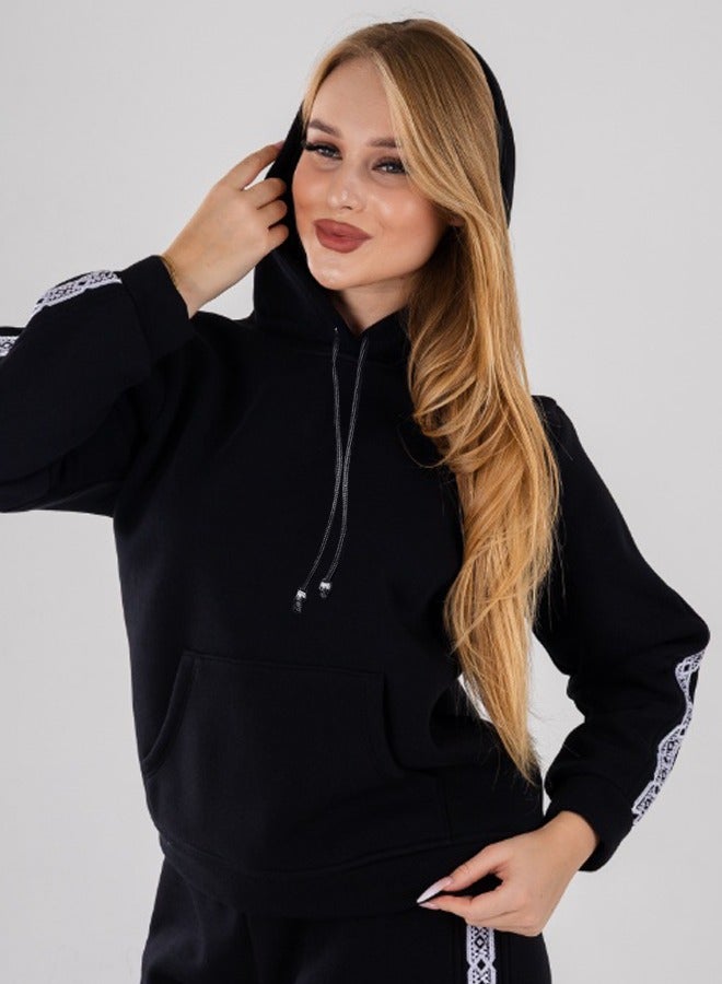 زيكوتكس  طقم رياضي نسائي شتوي من ميلتون قطن - هودي أسود بقلنسوة وسحاب - شرائط جانبية - Image 2