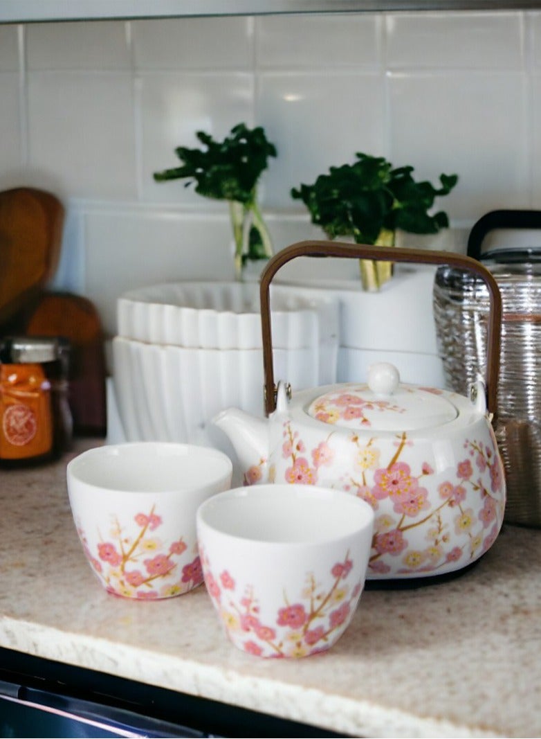 Tealand Cherry Porcelain Teapot set with Wooden Handle for Gift Home Tea Lovers Men Women w/ 2 cups  - Image 2
