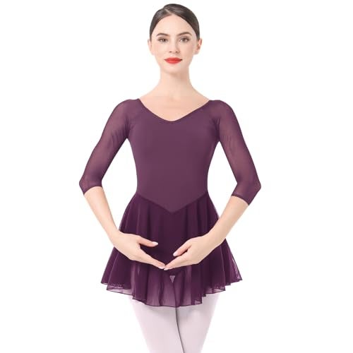 IBAKOM Ballet Leotards Dress for Women 34 Mesh Sleeve V Neck Scoop Back Gymnastics Leotard Plus Size Ballerina Outfits Adult Dance Leotard Competitive Camisole Bodysuit Dance Skirt Purple L - Image 3