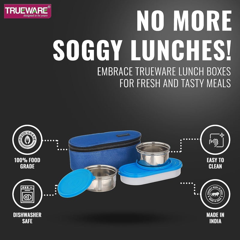 Trueware Elite Lunch Box 2 Stainless steel Containers 1 Chapati ContainerPP2 Pc SS Container 300 Ml Each and 1 Chapati Container 500 Ml StainlessSteel LeakProof Containers Blue Light Weight Dishwasher Safe Easy to Carry Leak Proof Insulated Fabric Bag - Image 4