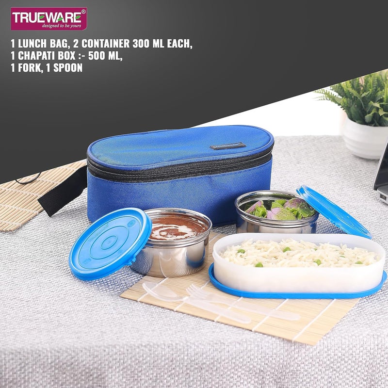 Trueware Elite Lunch Box 2 Stainless steel Containers 1 Chapati ContainerPP2 Pc SS Container 300 Ml Each and 1 Chapati Container 500 Ml StainlessSteel LeakProof Containers Blue Light Weight Dishwasher Safe Easy to Carry Leak Proof Insulated Fabric Bag - Image 5