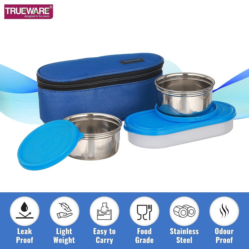 Trueware Elite Lunch Box 2 Stainless steel Containers 1 Chapati ContainerPP2 Pc SS Container 300 Ml Each and 1 Chapati Container 500 Ml StainlessSteel LeakProof Containers Blue Light Weight Dishwasher Safe Easy to Carry Leak Proof Insulated Fabric Bag - Image 3