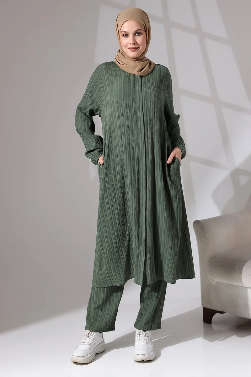 İhvan Ikhvan Women's Wrapped Fabric Hidden Zipper Double Set Hajj Umrah Outfit Water Green