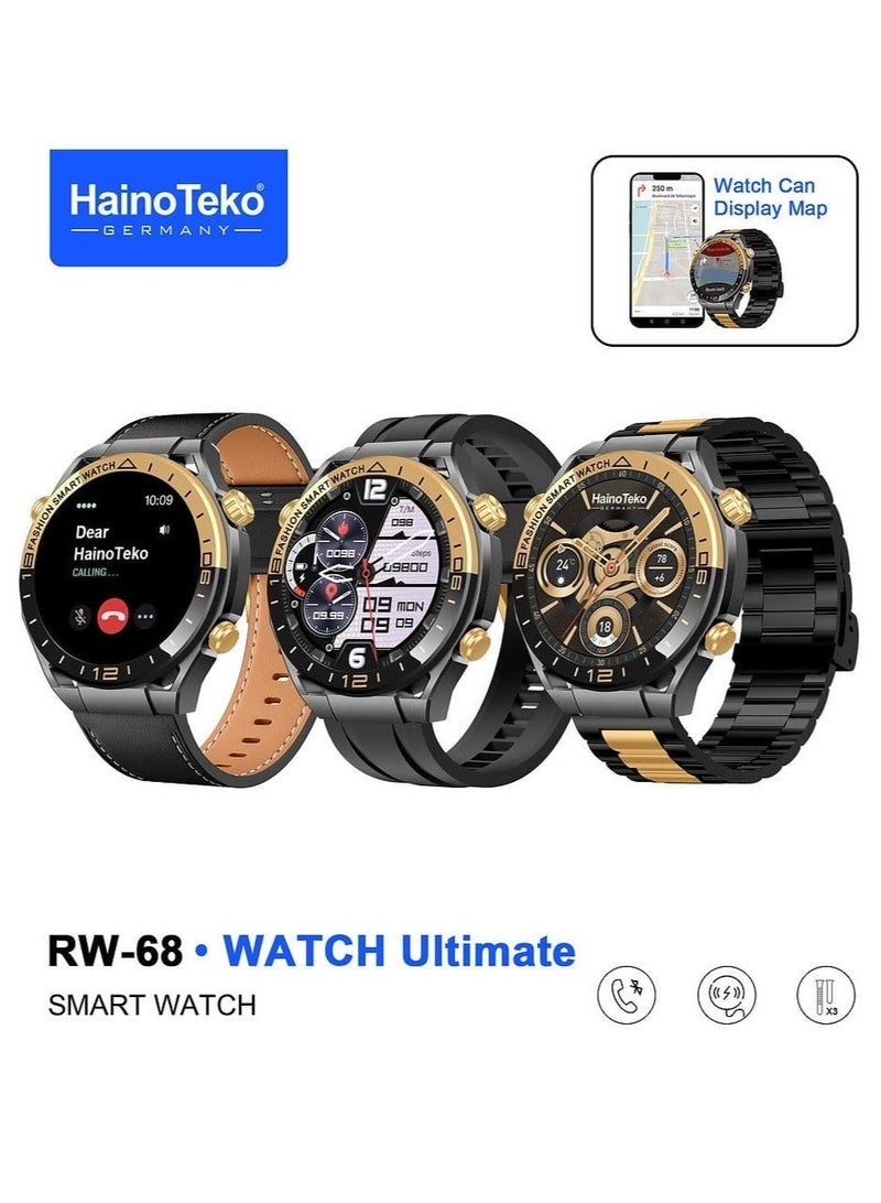 هينو تيكو ساعة HainoTeko RW-68 الذكية فائقة الجودة، مزودة بشاشة AMOLED وإمكانية إجراء المكالمات عبر تقنية البلوتوث وثلاثة أساور قابلة للتبديل. - Image 1