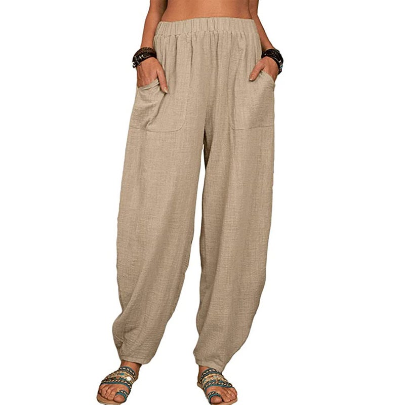 Womens Casual Linen Cotton Harem Pants Khaki