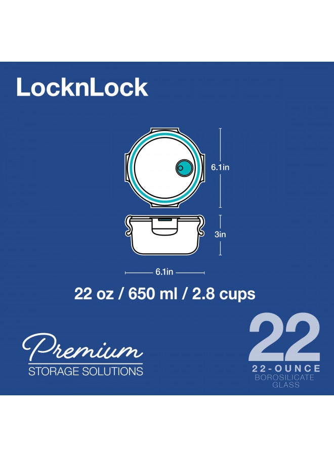 LocknLock Purely Better Glass Food Storage Container with Steam Vent Lid, Round-22 oz, Clear