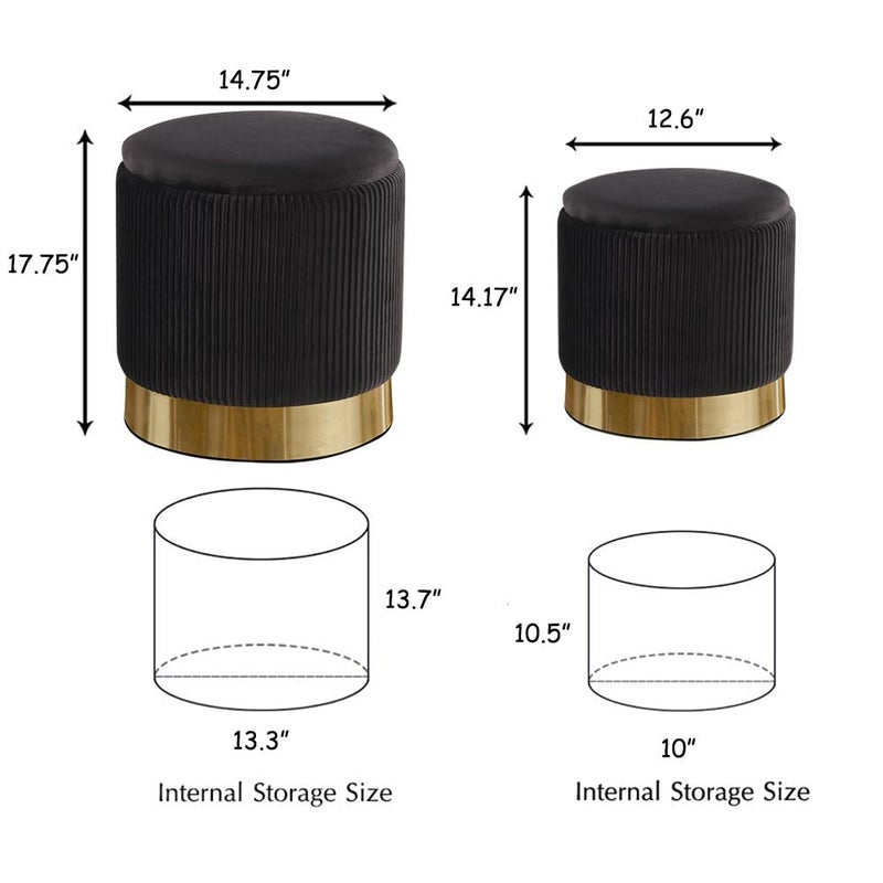 2BYF Round Ottoman with Storage Set of 2 Upholstered Velvet Vanity Stool for Living Room Storage Ottomans Multifunctional Foot Rest (Black with Bottom Gold) - Image 5