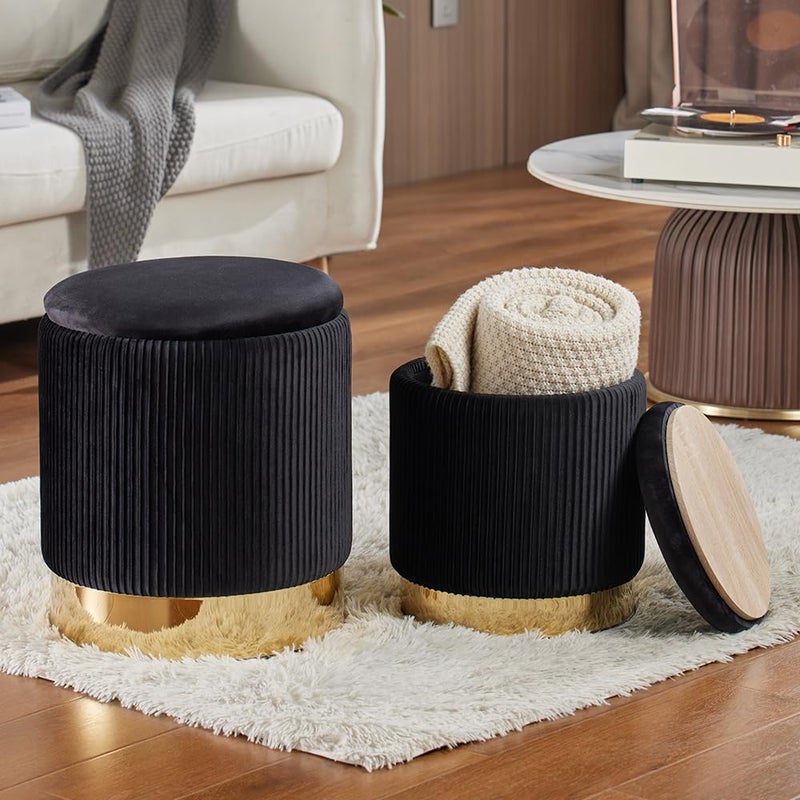 2BYF Round Ottoman with Storage Set of 2 Upholstered Velvet Vanity Stool for Living Room Storage Ottomans Multifunctional Foot Rest (Black with Bottom Gold) - Image 3