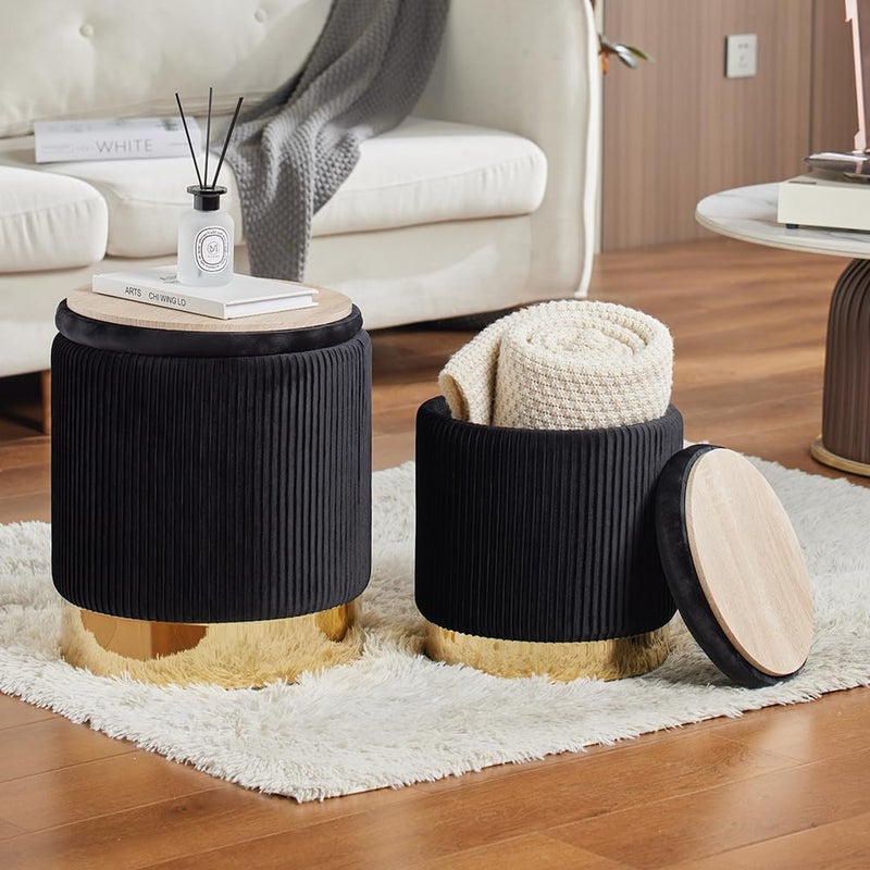 2BYF Round Ottoman with Storage Set of 2 Upholstered Velvet Vanity Stool for Living Room Storage Ottomans Multifunctional Foot Rest (Black with Bottom Gold) - Image 1