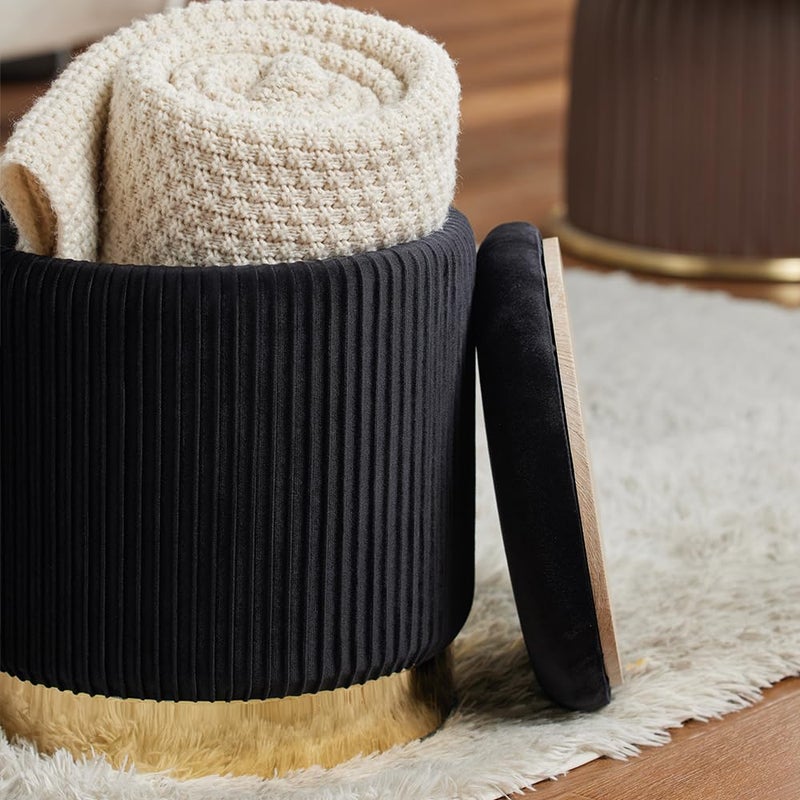 2BYF Round Ottoman with Storage Set of 2 Upholstered Velvet Vanity Stool for Living Room Storage Ottomans Multifunctional Foot Rest (Black with Bottom Gold) - Image 4