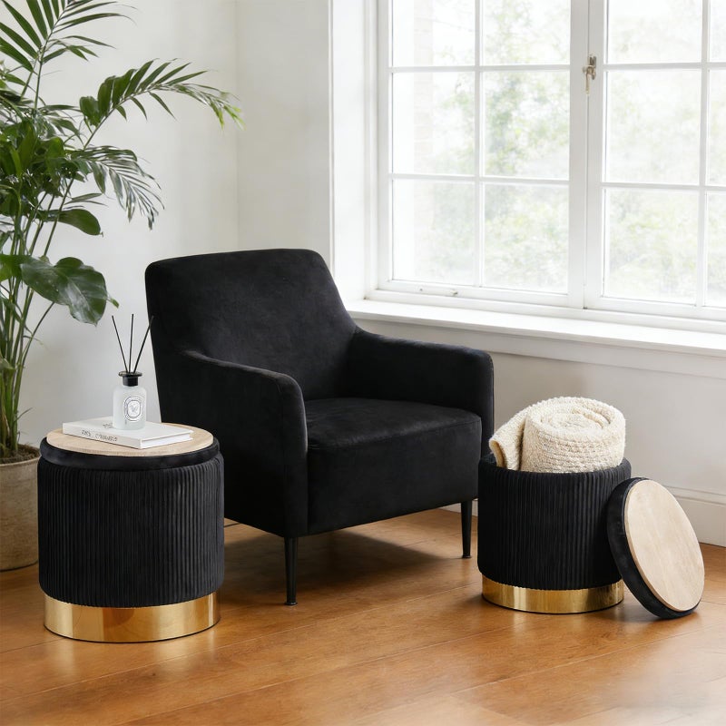 2BYF Round Ottoman with Storage Set of 2 Upholstered Velvet Vanity Stool for Living Room Storage Ottomans Multifunctional Foot Rest (Black with Bottom Gold) - Image 2