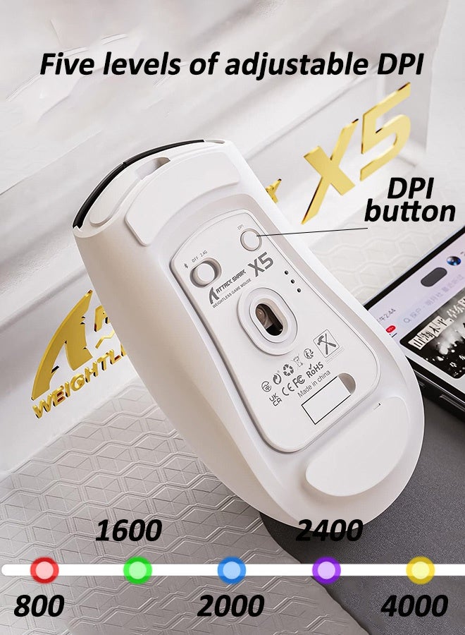 هجوم القرش ماوس الألعاب X5 بثلاثة أوضاع اتصال (بلوتوث 5.1/2.4 جيجاهرتز/USB-C)، ماوس لاسلكي بدقة تصل إلى 4000 نقطة في البوصة، مستشعر بصري PAW3212، إضاءة LED RGB بتصميم قرص العسل لأجهزة الكمبيوتر المحمولة وأجهزة Mac وXbox وPS والمزيد. - Image 3