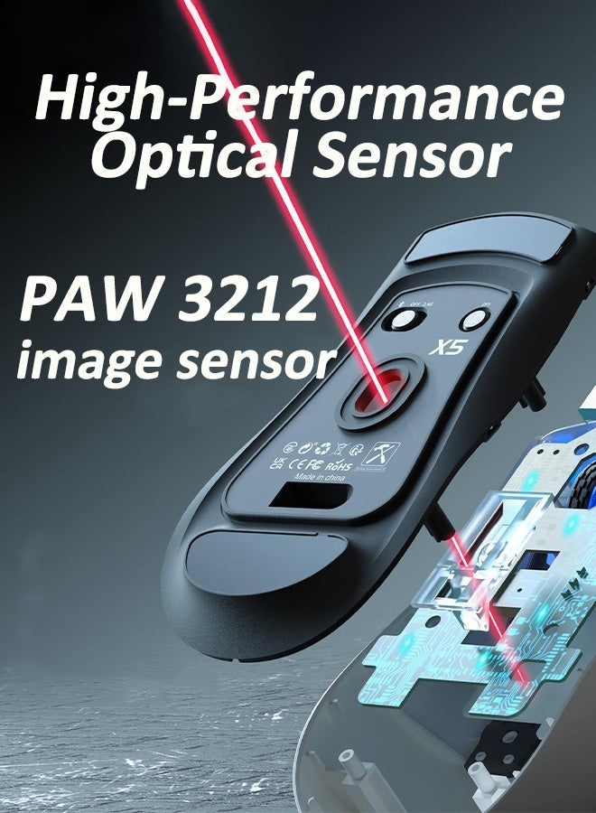 هجوم القرش ماوس الألعاب X5 بثلاثة أوضاع اتصال (بلوتوث 5.1/2.4 جيجاهرتز/USB-C)، ماوس لاسلكي بدقة تصل إلى 4000 نقطة في البوصة، مستشعر بصري PAW3212، إضاءة LED RGB بتصميم قرص العسل لأجهزة الكمبيوتر المحمولة وأجهزة Mac وXbox وPS والمزيد. - Image 4