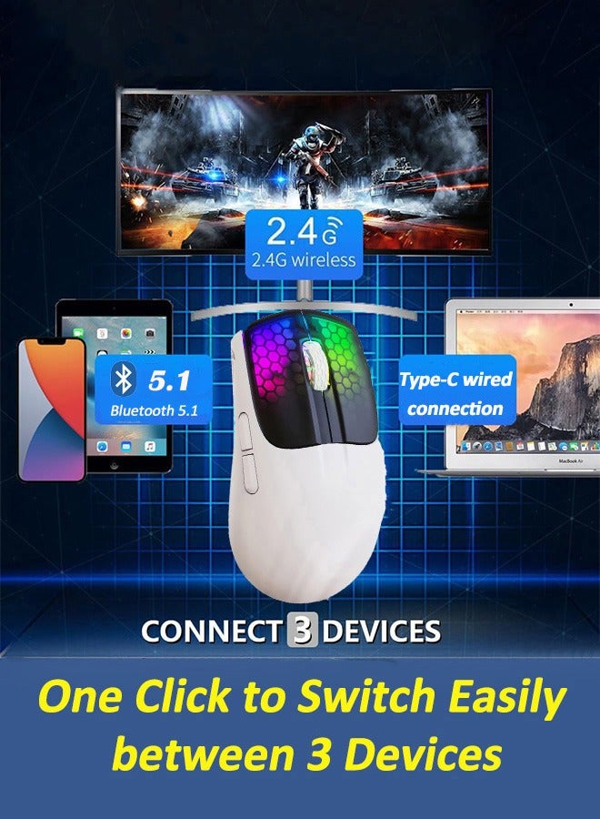 هجوم القرش ماوس الألعاب X5 بثلاثة أوضاع اتصال (بلوتوث 5.1/2.4 جيجاهرتز/USB-C)، ماوس لاسلكي بدقة تصل إلى 4000 نقطة في البوصة، مستشعر بصري PAW3212، إضاءة LED RGB بتصميم قرص العسل لأجهزة الكمبيوتر المحمولة وأجهزة Mac وXbox وPS والمزيد. - Image 2