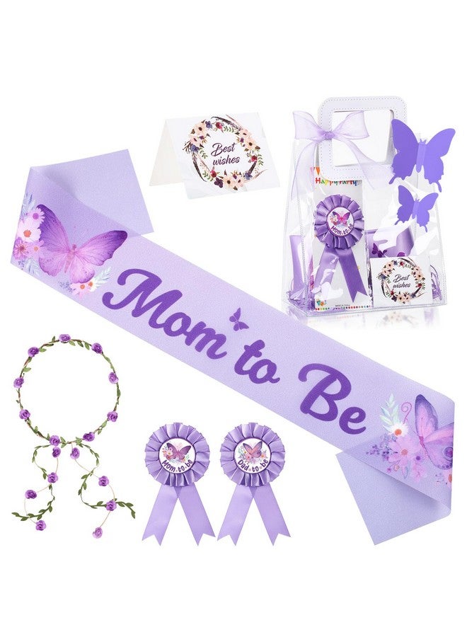 Giegxin 7 Pcs Butterfly Dad and Mom to Be Gift Set-Butterfly Baby Shower Maternity Sash Kit New Mom Dad Pins Gender Reveal Headband Gift Card Clear Favor Bag for New Parents Party Favor Photo Props - Image 1