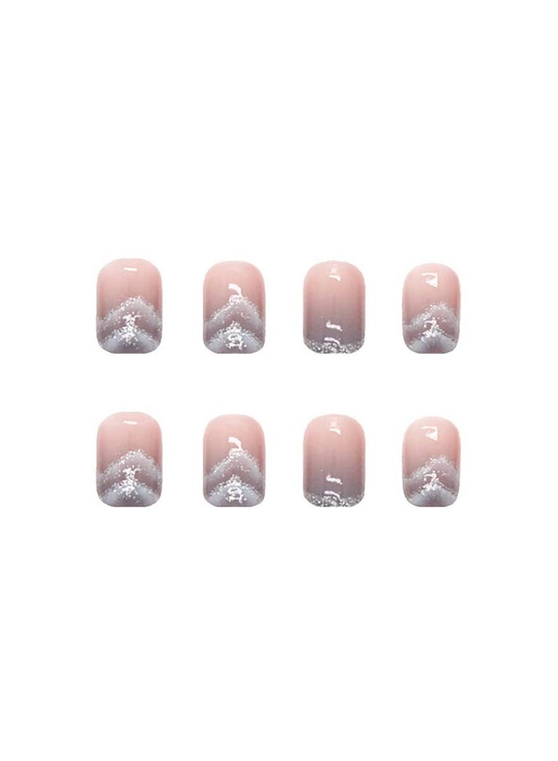 Y&D 24 Pcs Flower Press on Nails Short Square Fake Nude Purple Cloud Mountains Design French False Full Cover Artificial Stick for Women Girls Acrylic Manicure Decorations  - Image 5
