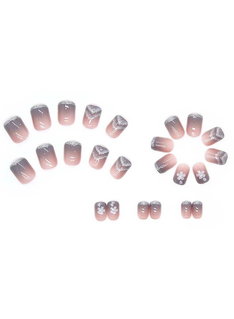 Y&D 24 Pcs Flower Press on Nails Short Square Fake Nude Purple Cloud Mountains Design French False Full Cover Artificial Stick for Women Girls Acrylic Manicure Decorations  - Image 3