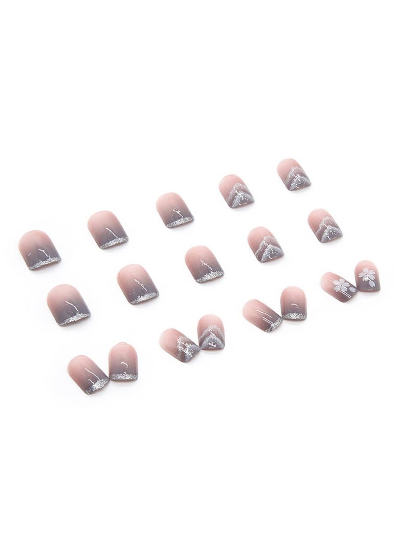 Y&D 24 Pcs Flower Press on Nails Short Square Fake Nude Purple Cloud Mountains Design French False Full Cover Artificial Stick for Women Girls Acrylic Manicure Decorations  - Image 4