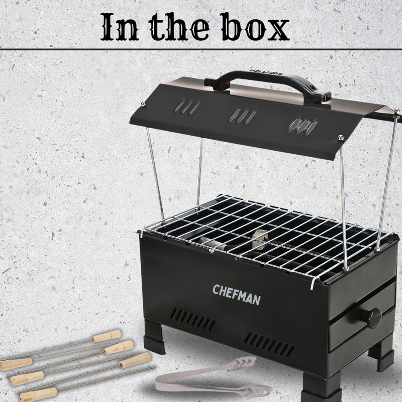 Chefman 2-in-1 Electric & Charcoal Barbecue Grill Set 1200W Stainless Steel Element 13Inch Size Includes Tong Skewers Portable Grill for Home Camping Barbecue Grill for Outdoor Cooking (BLACK) - Image 3