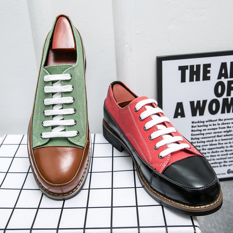 Color-Blocked Canvas Boys' Business Casual Leather Shoes Breathable Low-Cut Lace-Up Loafers Formal Shoes - Image 2