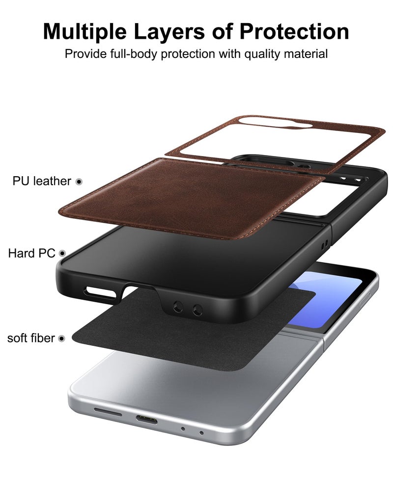 Foluu for Samsung Galaxy Z Flip 6 5G Case, Galaxy Z Flip 6 Leather Case, PU Leather + Hard PC Shell Ultra Thin Slim Durable Protective Phone Case Cover for Samsung Galaxy Z Flip6 5G 2024 (Brown) - Image 4