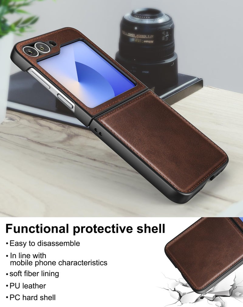 Foluu for Samsung Galaxy Z Flip 6 5G Case, Galaxy Z Flip 6 Leather Case, PU Leather + Hard PC Shell Ultra Thin Slim Durable Protective Phone Case Cover for Samsung Galaxy Z Flip6 5G 2024 (Brown) - Image 2