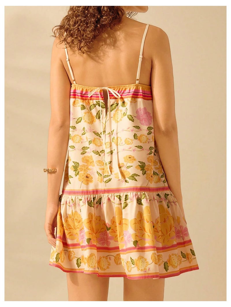 SHENHE Women's Floral Sundress Ruffle Hem Spaghetti Strap Loose Flowy Boho Cami Dress Orange Small - Image 2