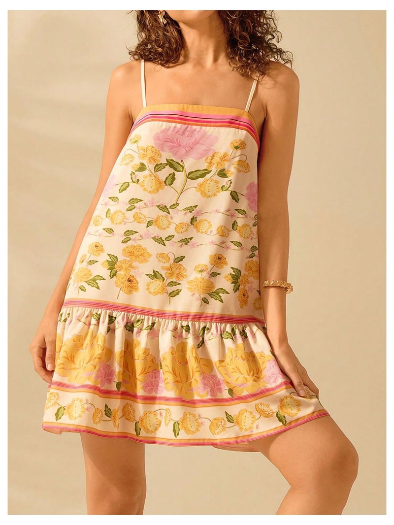 SHENHE Women's Floral Sundress Ruffle Hem Spaghetti Strap Loose Flowy Boho Cami Dress Orange Small - Image 4