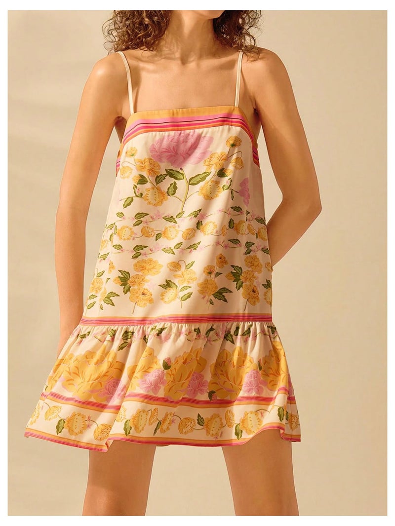 SHENHE Women's Floral Sundress Ruffle Hem Spaghetti Strap Loose Flowy Boho Cami Dress Orange Small - Image 3