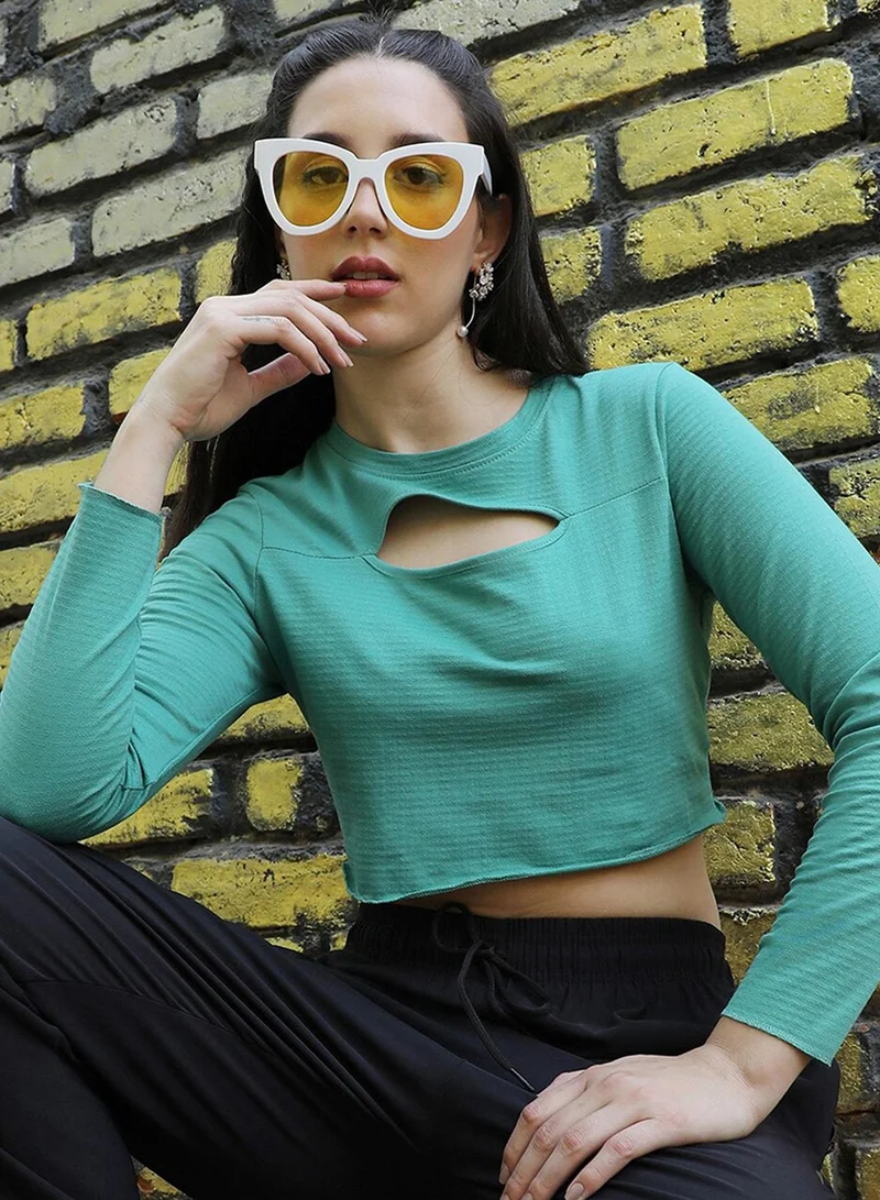 كامبوس سوترا Campus Sutra Women's Solid Aqua Blue Regular Fit Top For Casual Wear | Crewneck | Long Sleeve | Top Crafted With Regular Sleeve, Comfort Fit & High-Performance For Everyday Wear