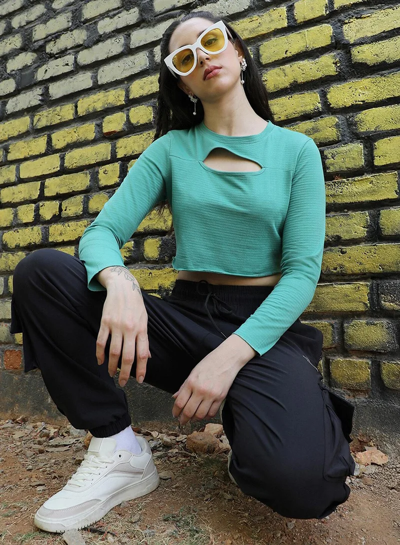 Campus Sutra Campus Sutra Women's Solid Aqua Blue Regular Fit Top For Casual Wear | Crewneck | Long Sleeve | Top Crafted With Regular Sleeve, Comfort Fit & High-Performance For Everyday Wear
