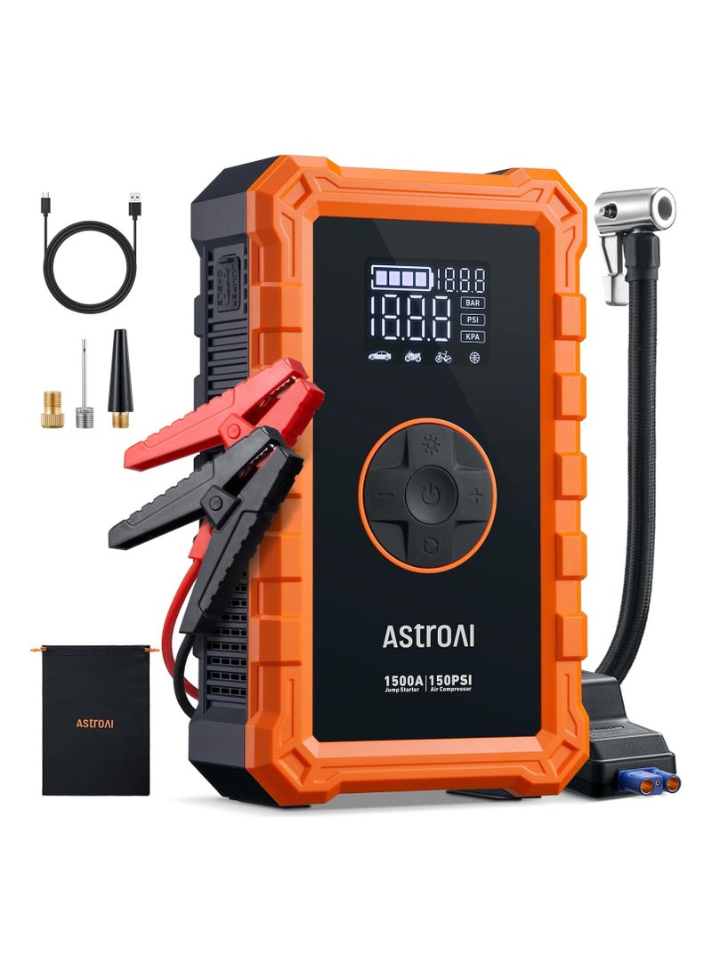 AstroAI S8 Air Jump Starter with Air Compressor, 1500A Car Battery Jumper Starter Portable (6.0 Gas/3.0L Diesel) with 150PSI Cordless Auto-Shutoff Tire Inflator, 12V Battery Charger Booster(Orange)  - Image 1